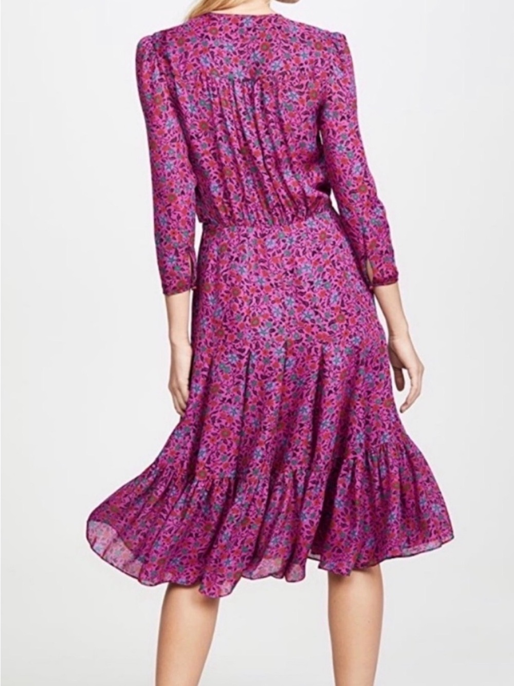 Veronica Beard Pink Floral V-Neck Long-Sleeve Midi Dress - Picture 3 of 16